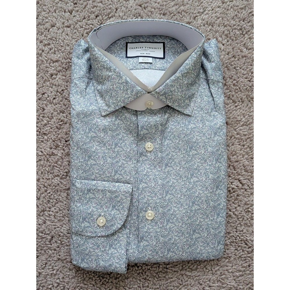 Charles Tyrwhitt Shirt 16.5/36 Indigo Blue & Lilac Ditsy Print Slim Fit NWT